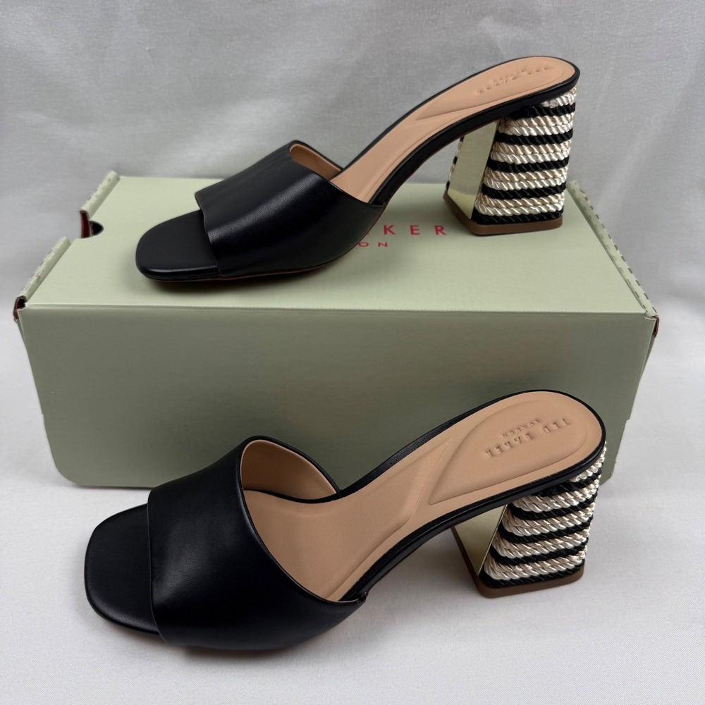 Ted Baker Chloe-001 Black Leather Rope Striped Block Heel Mule Sandals Womens 10